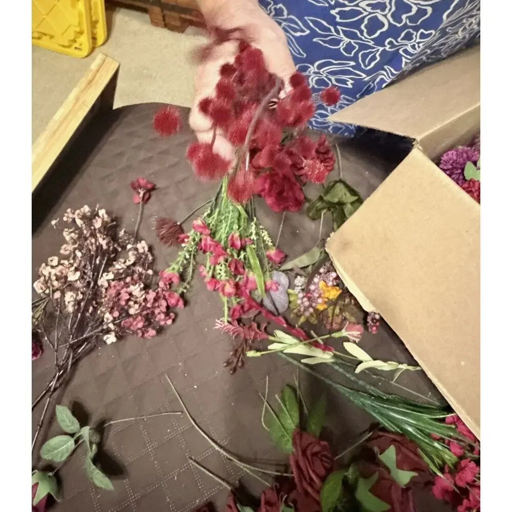 Large Lot / Box of Miscellaneous Artificial Silk Flowers - Burgundy Shades